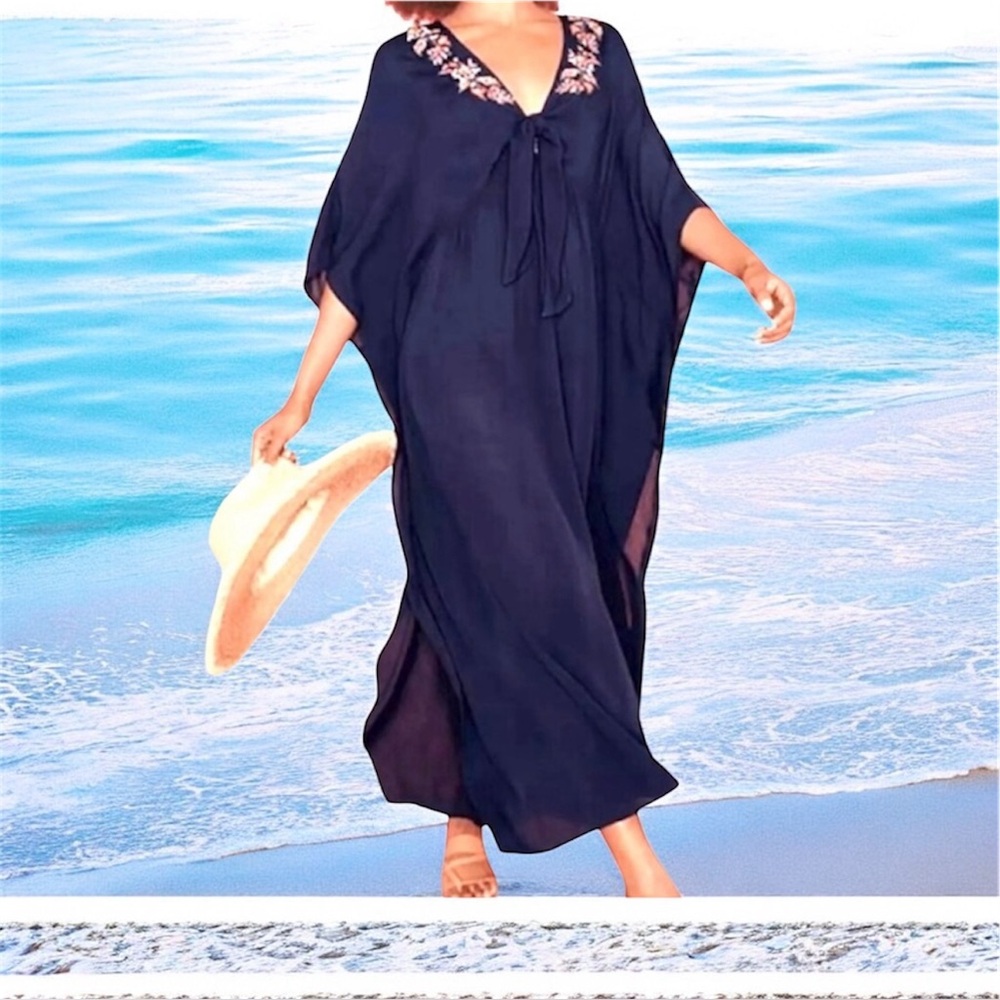 * Johnny Was Blue Flowing KaftanSwim Coverup Medium Maxi Dress